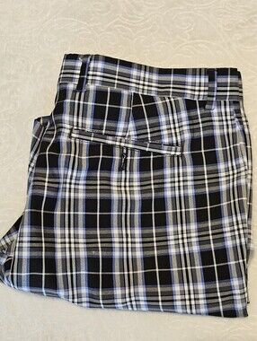 Louis Raphael Golf Mens Plaid Shorts Size 36 Black Blue White Flat Front 100% Po